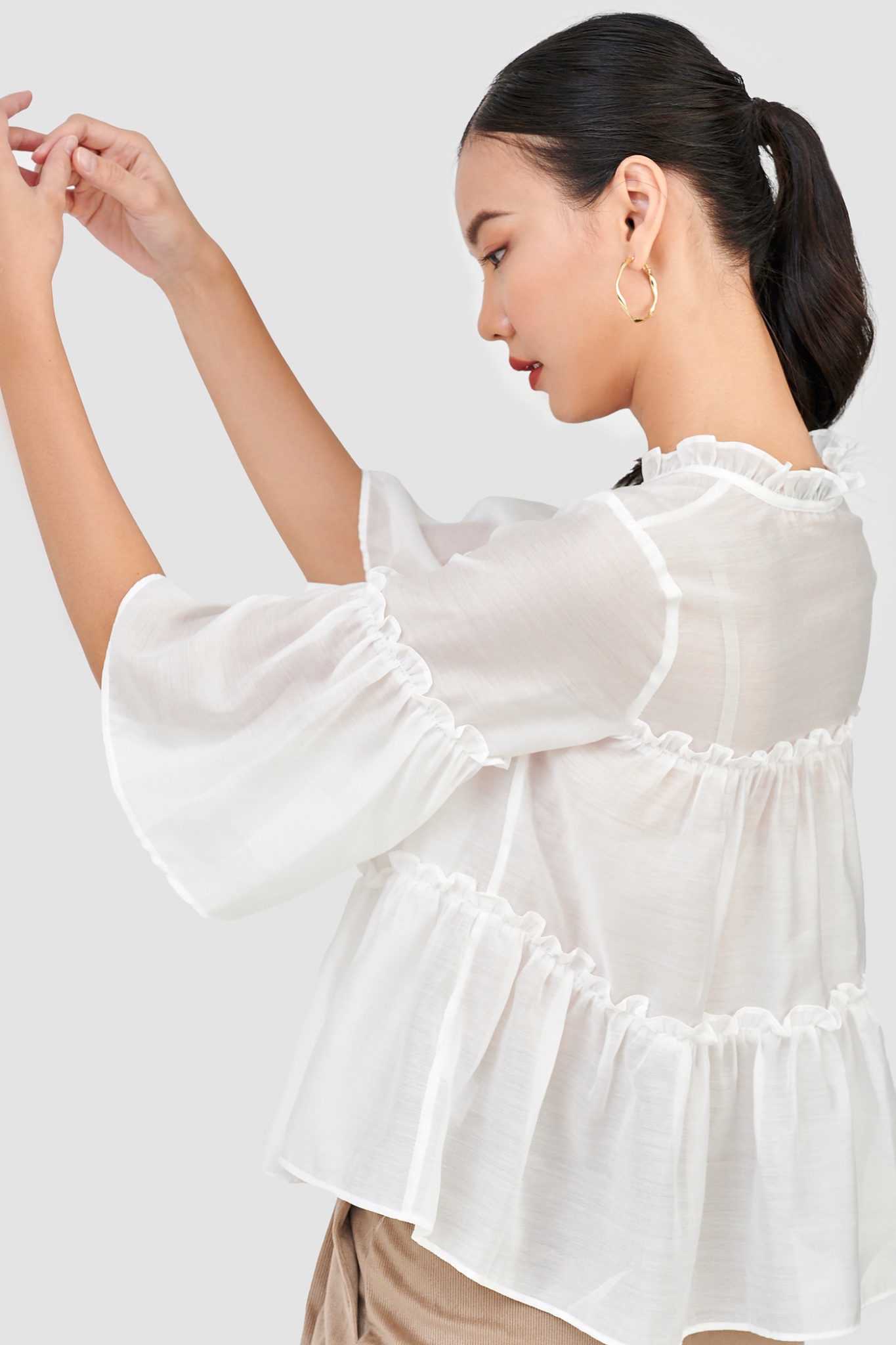 Áo kiểu sheer 3 tầng tay nhún bèo