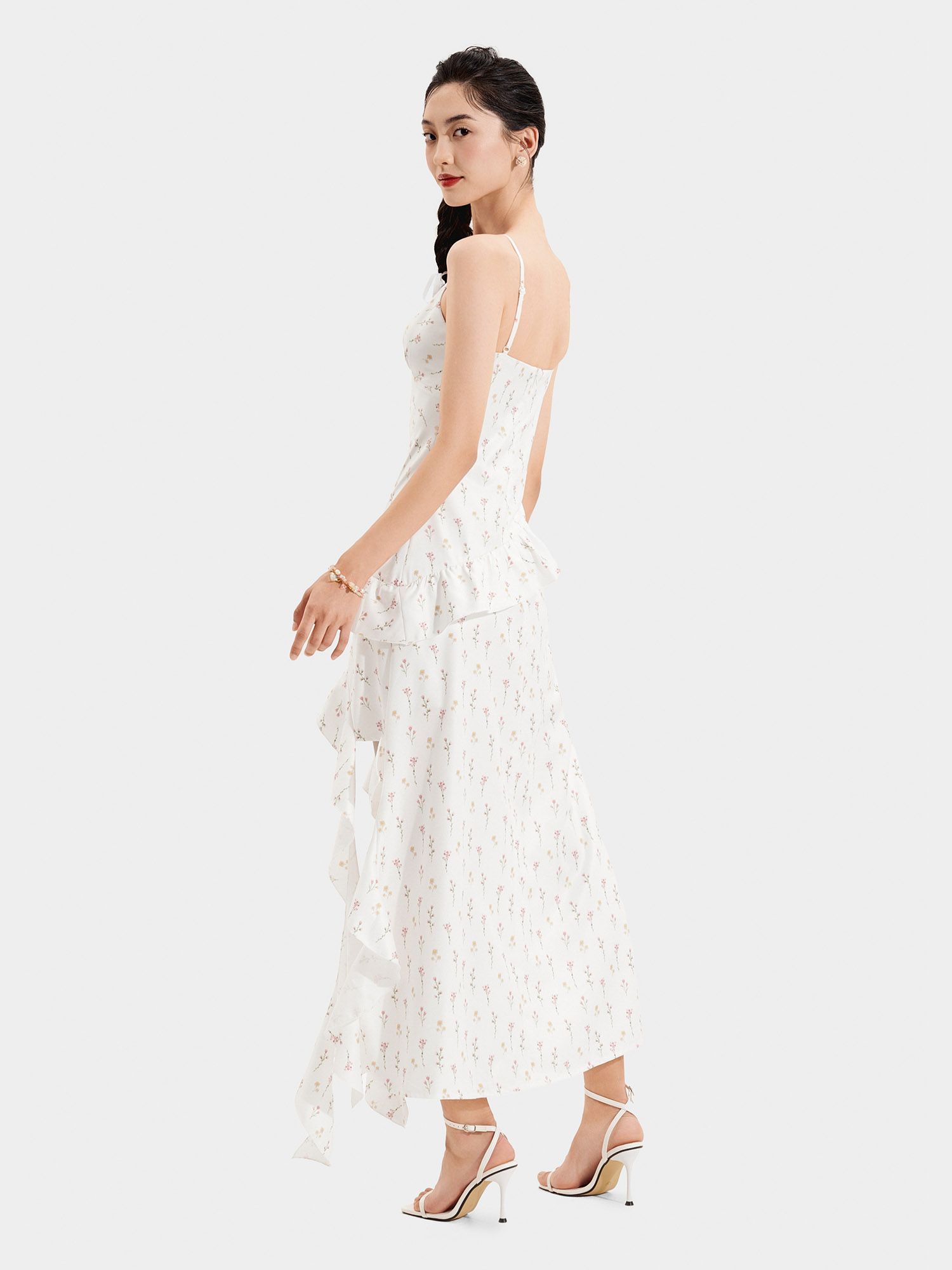  Đầm 2 dây in hoa tùng xéo phối bèo 