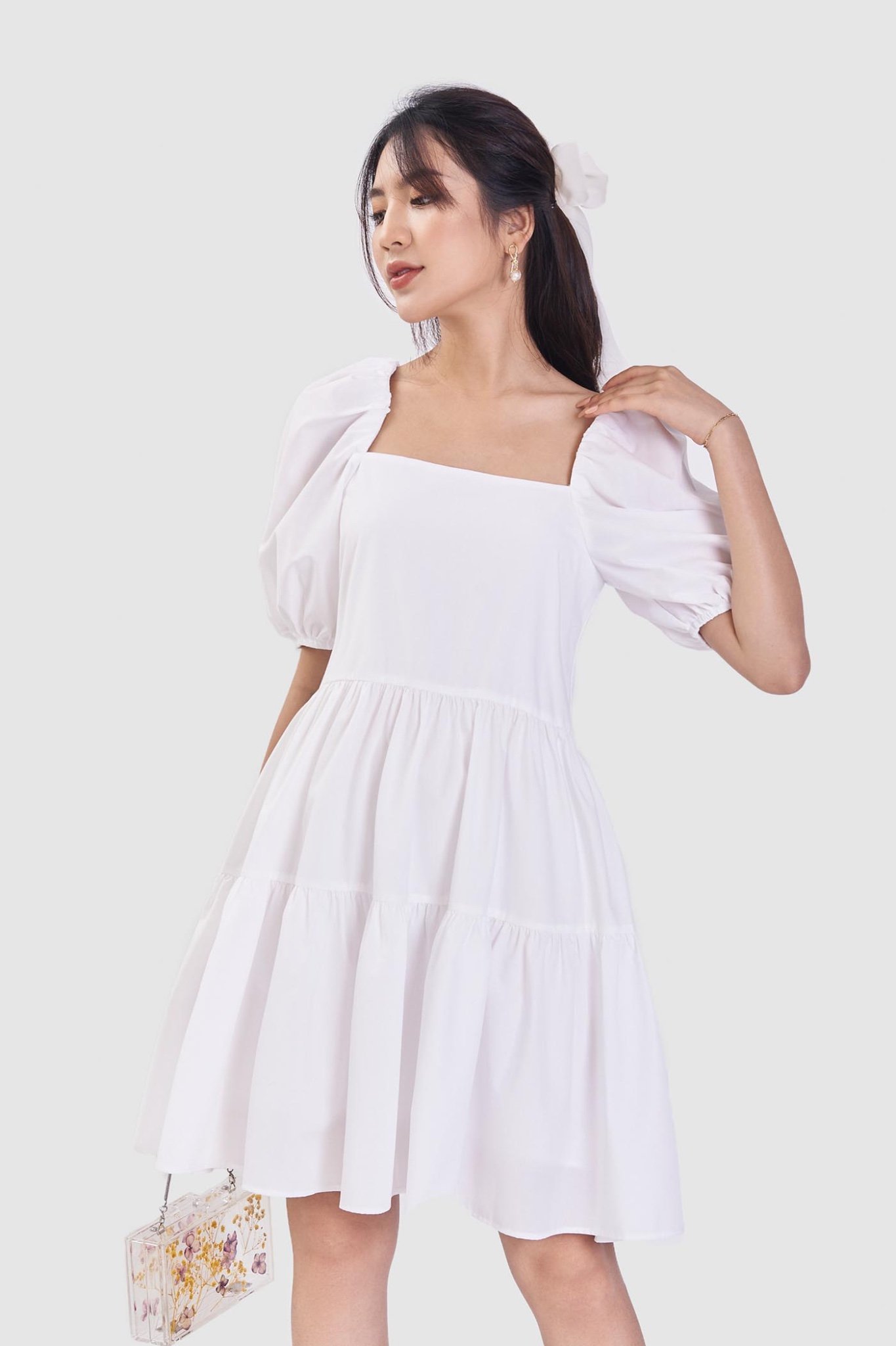 Đầm babydoll cotton cổ vuông 3 tầng