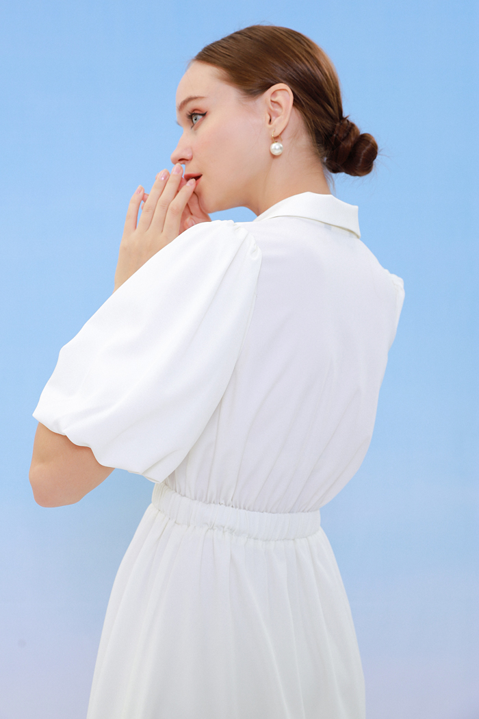 Đầm midi cổ sơmi nhấn tay