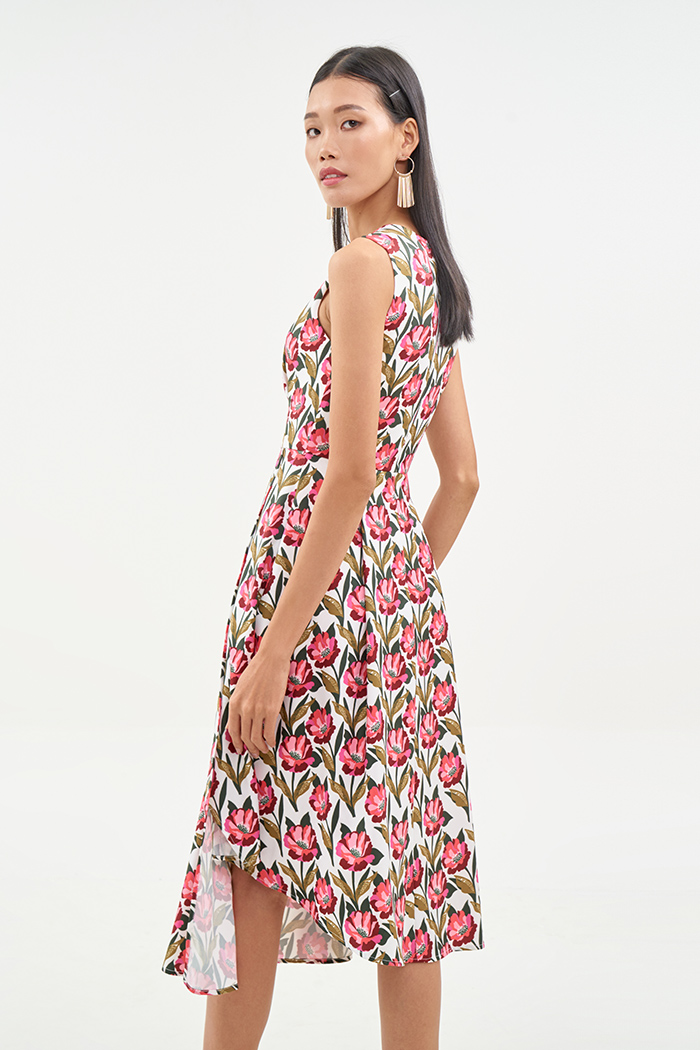 Đầm midi sát nách tùng đắp chéo in hoạ tiết fw19