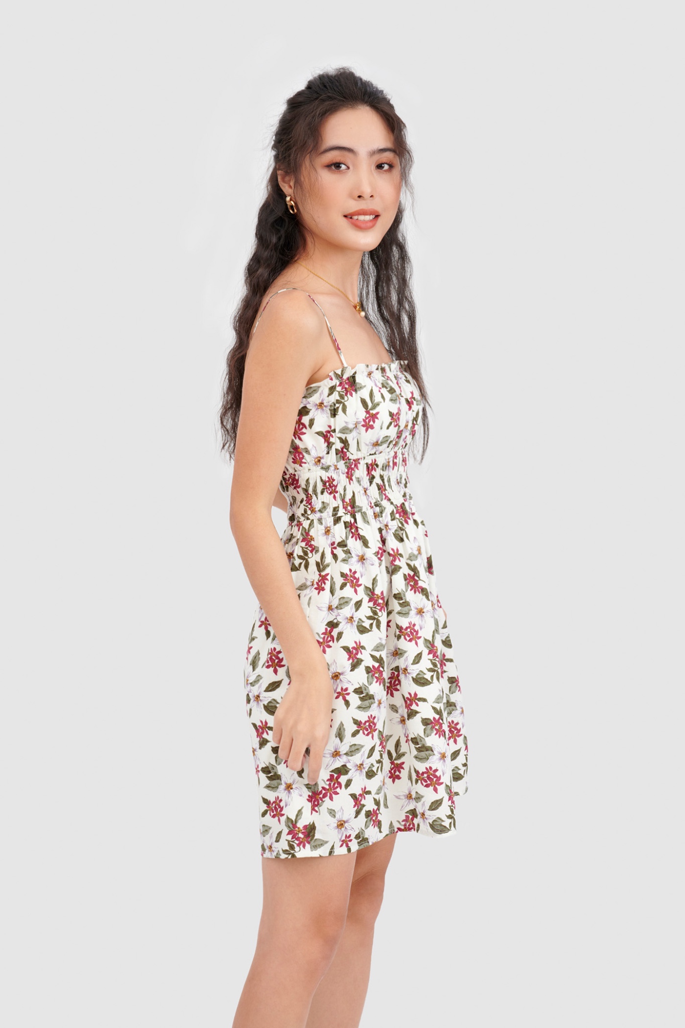 Đầm 2 dây linen nhún thun eo họa tiết
