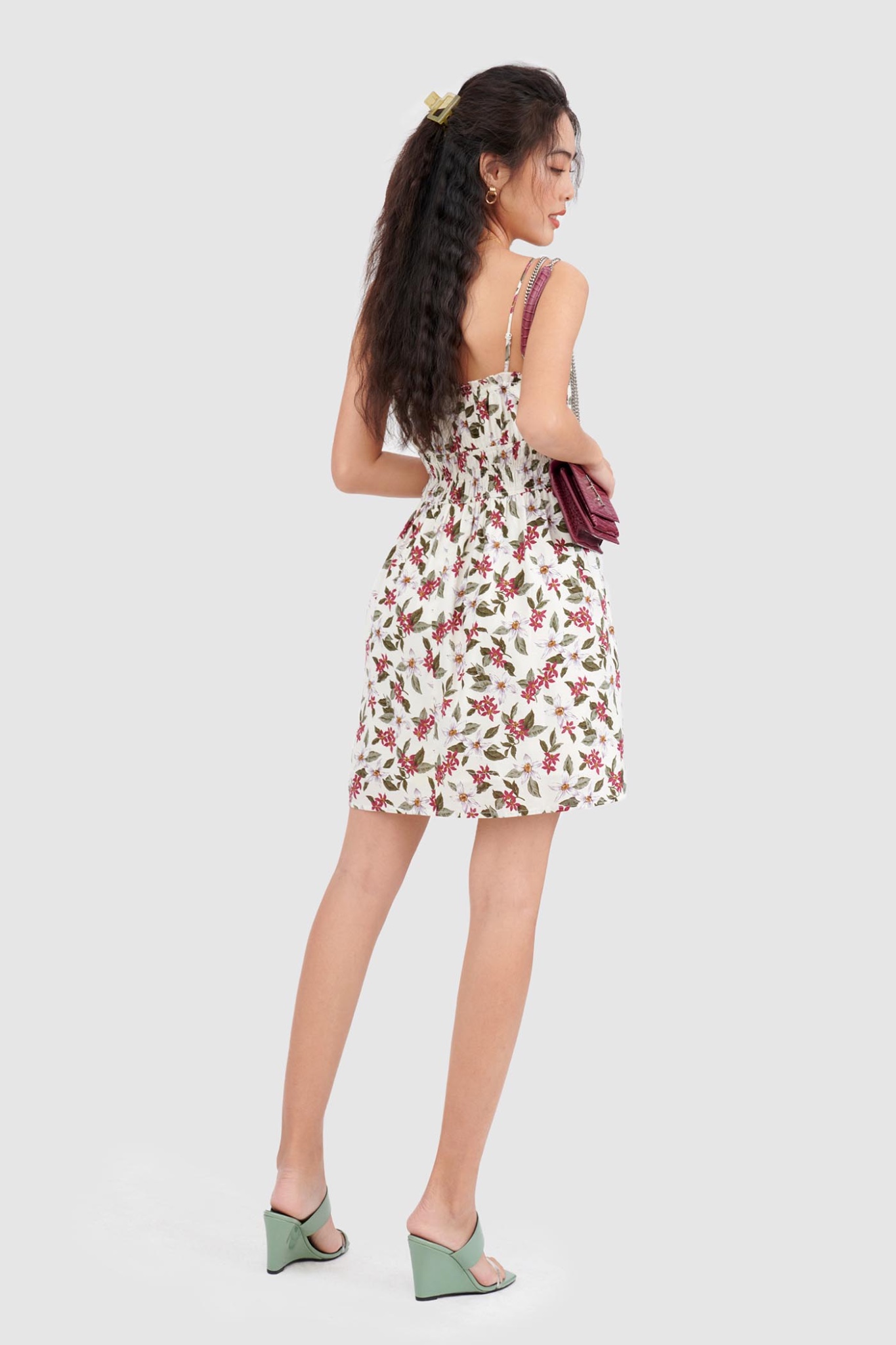Đầm 2 dây linen nhún thun eo họa tiết