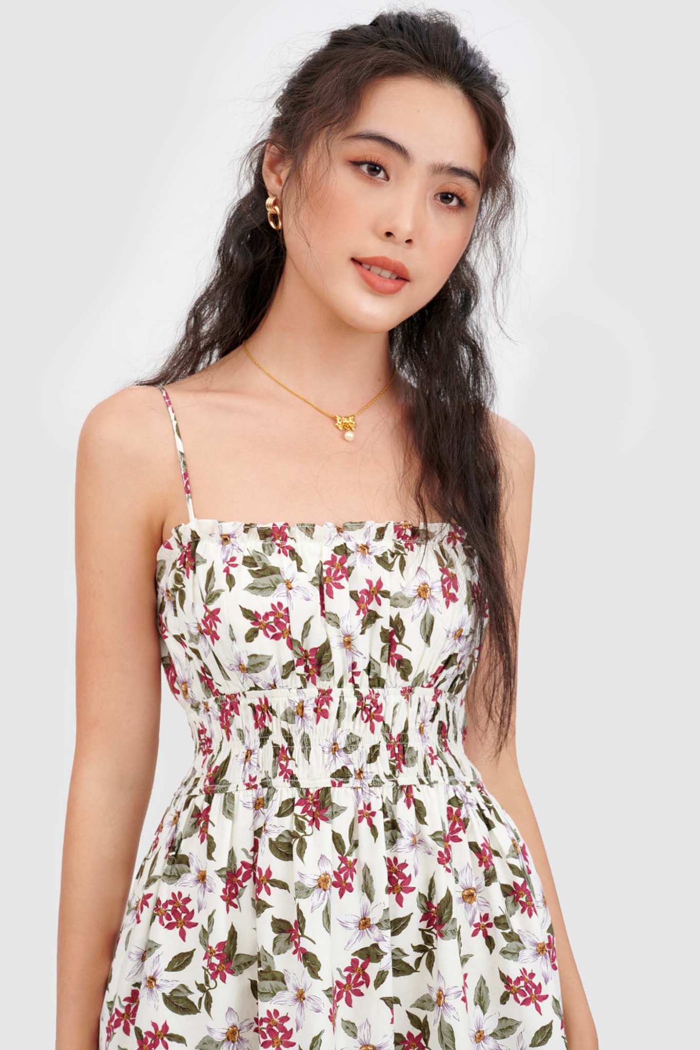 Đầm 2 dây linen nhún thun eo họa tiết