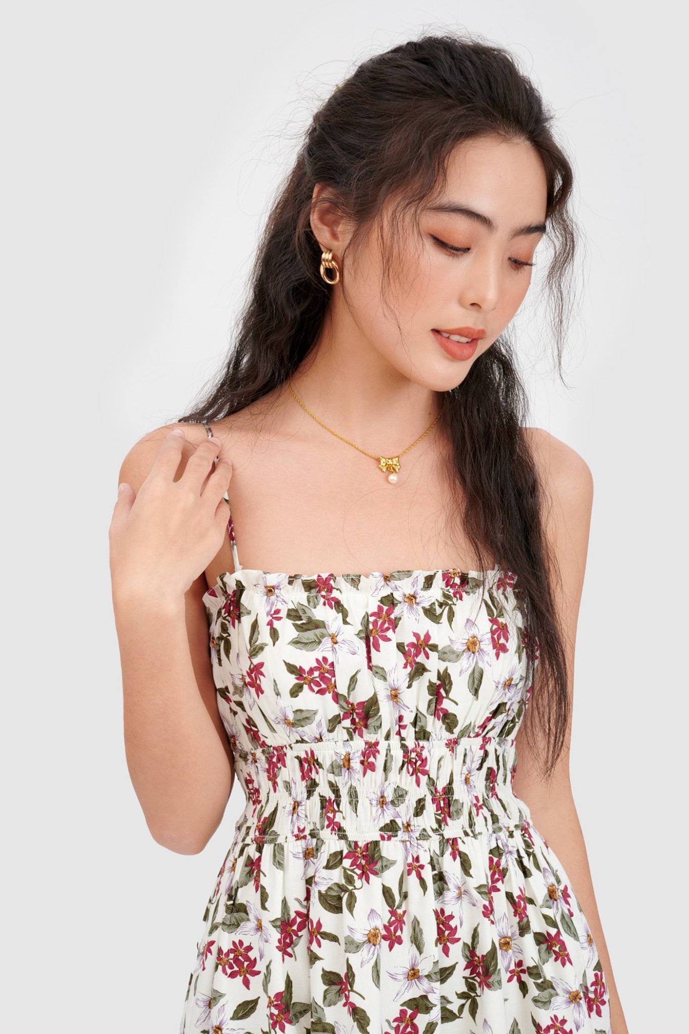 Đầm 2 dây linen nhún thun eo họa tiết