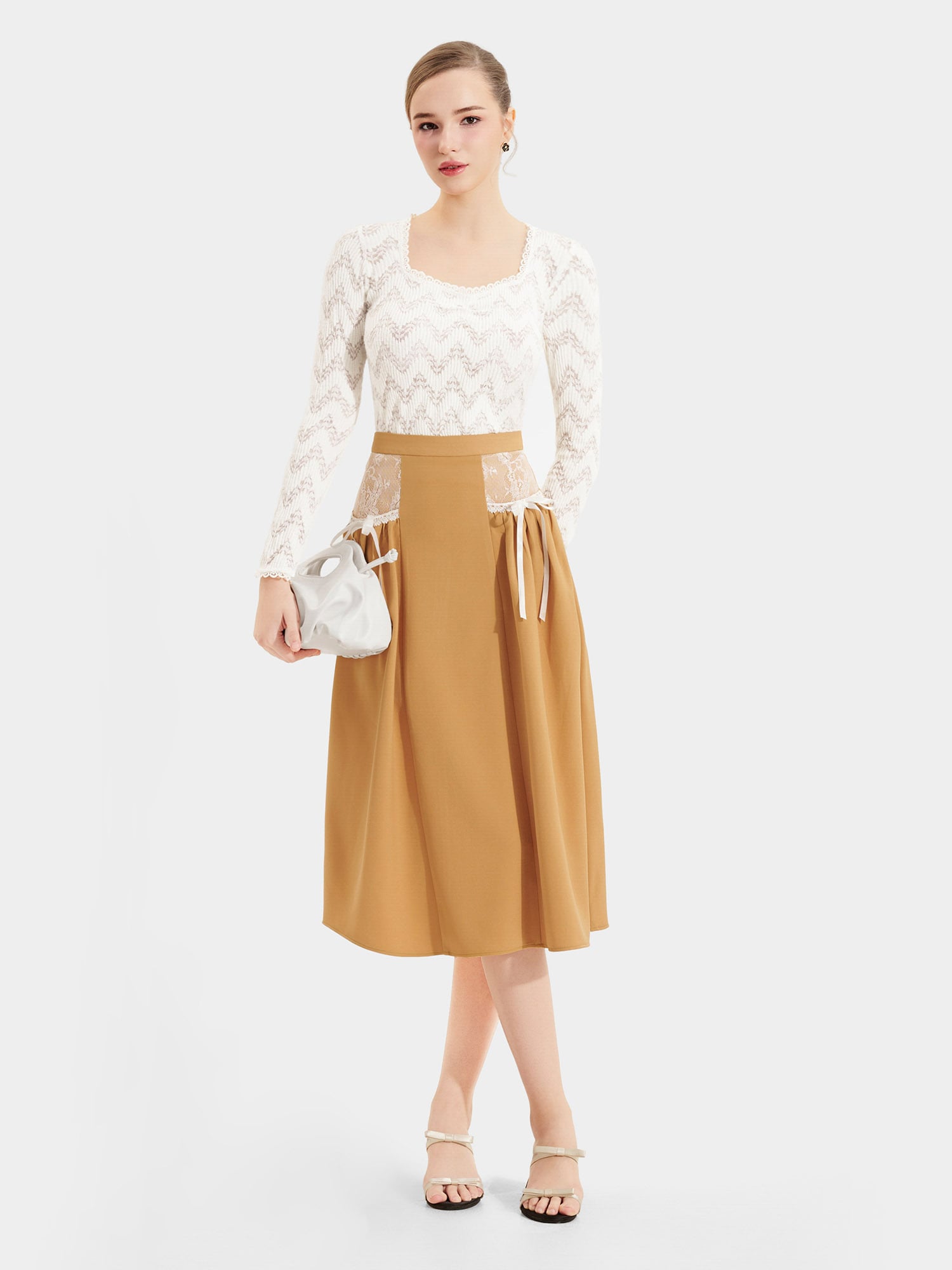 Váy midi 2 túi phối ren đính nơ