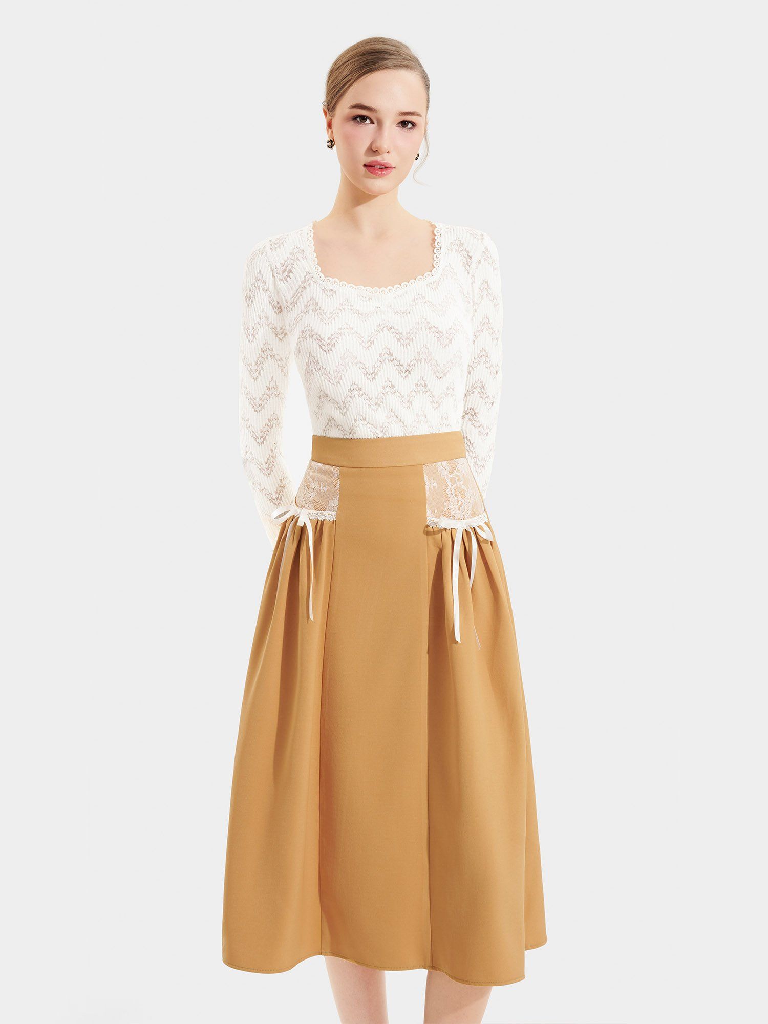  Váy midi 2 túi phối ren đính nơ 