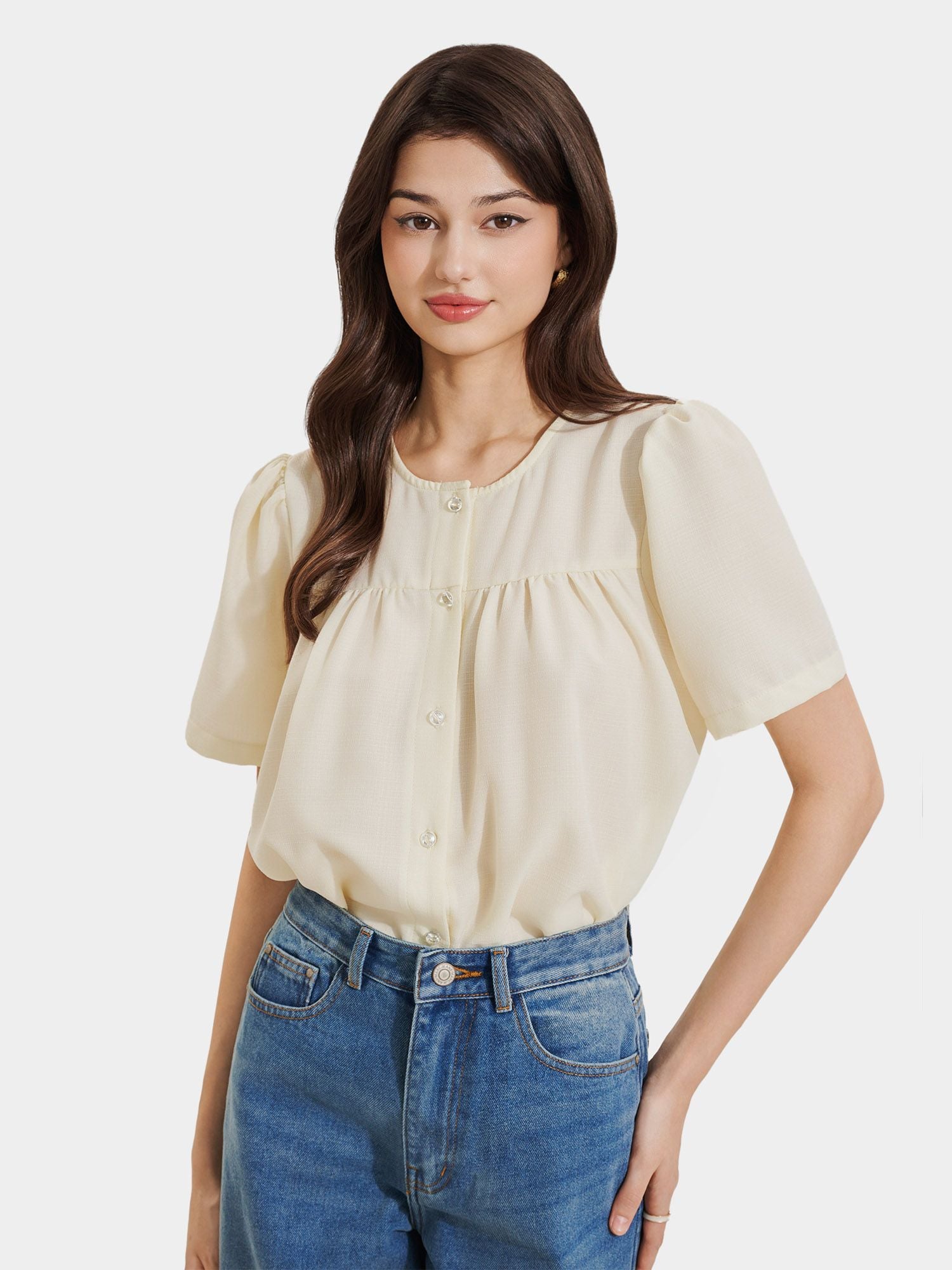  Áo cổ tròn nhún ngực tay phồng đính nút 