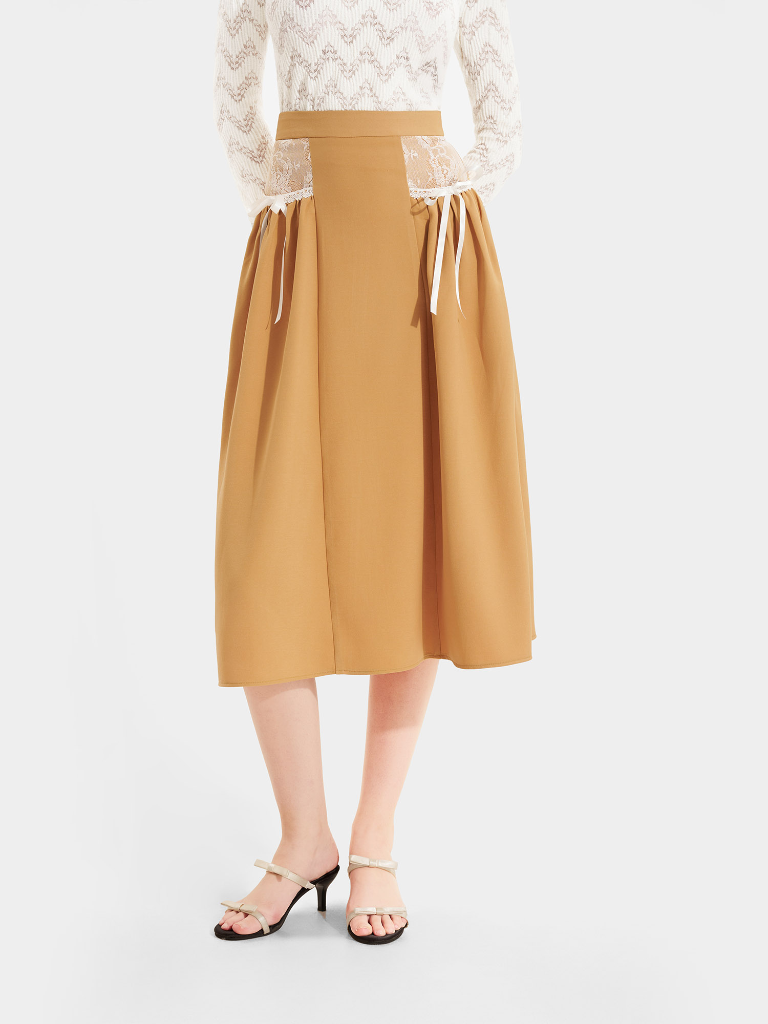 Váy midi 2 túi phối ren đính nơ