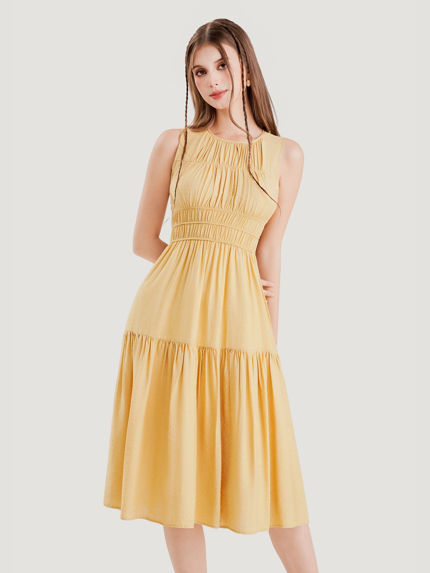  Đầm midi sát nách rút nhún ngực thun eo 