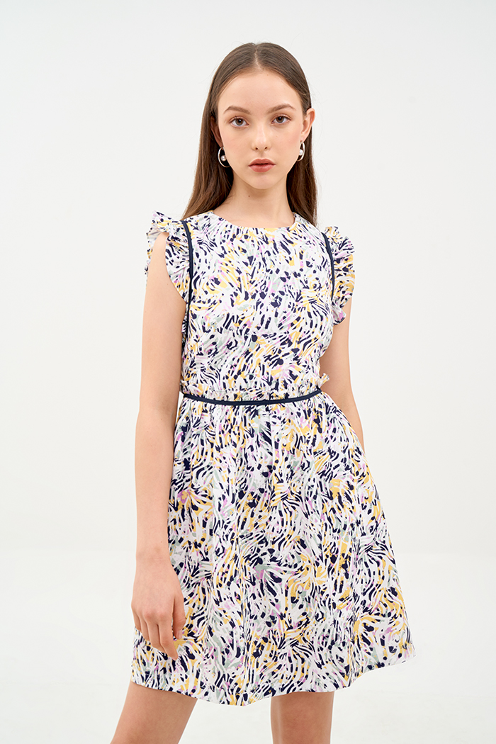 Đầm form A in hoạ tiết fw19 viền nổi bèo nhỏ