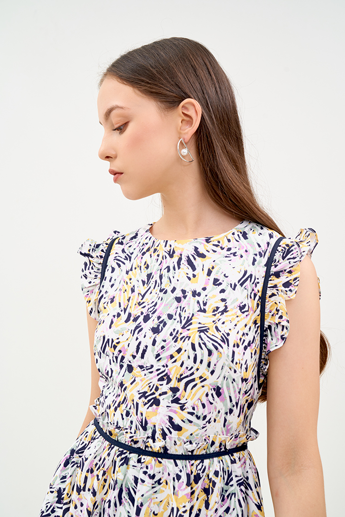 Đầm form A in hoạ tiết fw19 viền nổi bèo nhỏ
