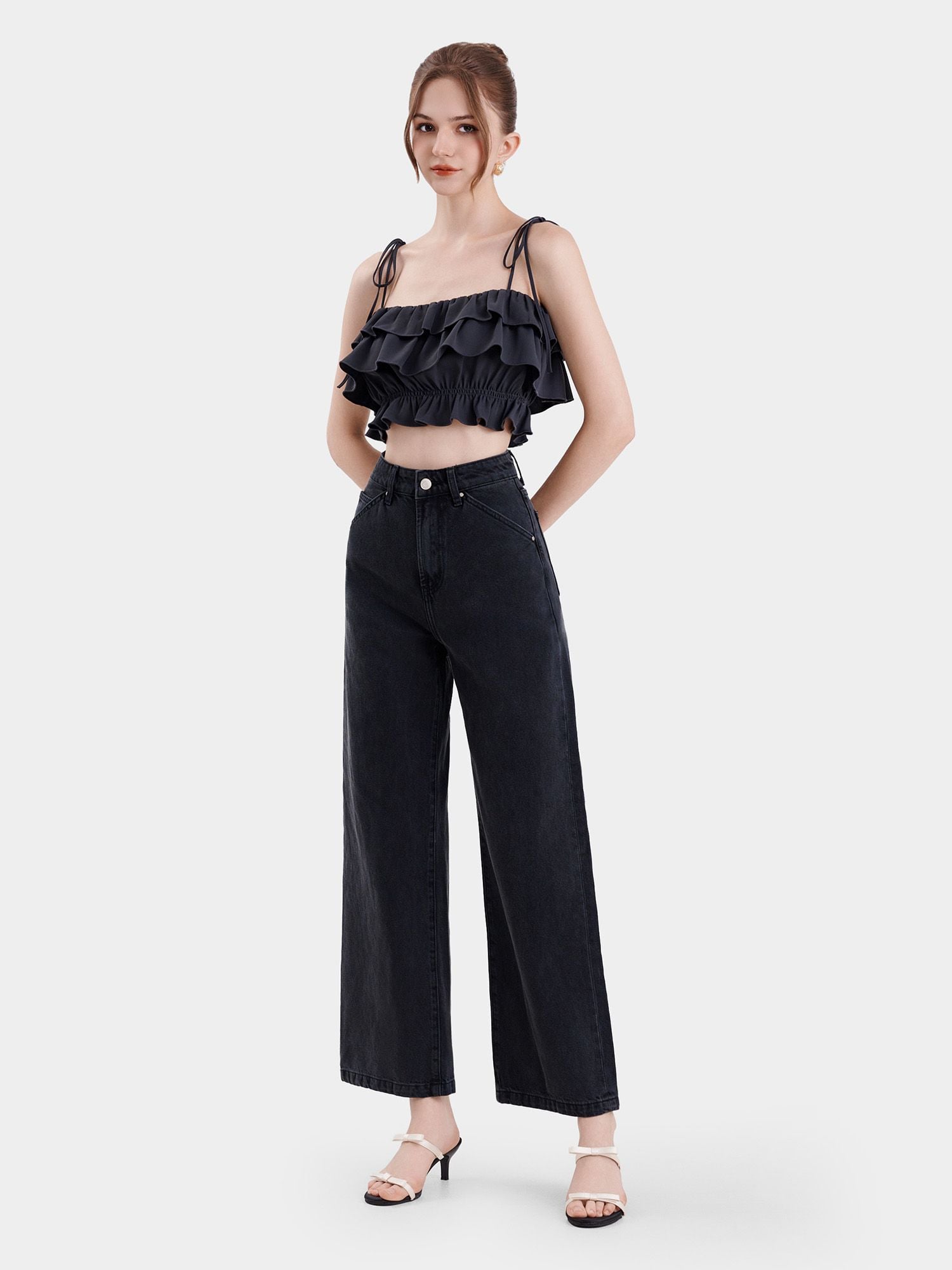  Áo 2 dây croptop phối bèo nhún thun eo 