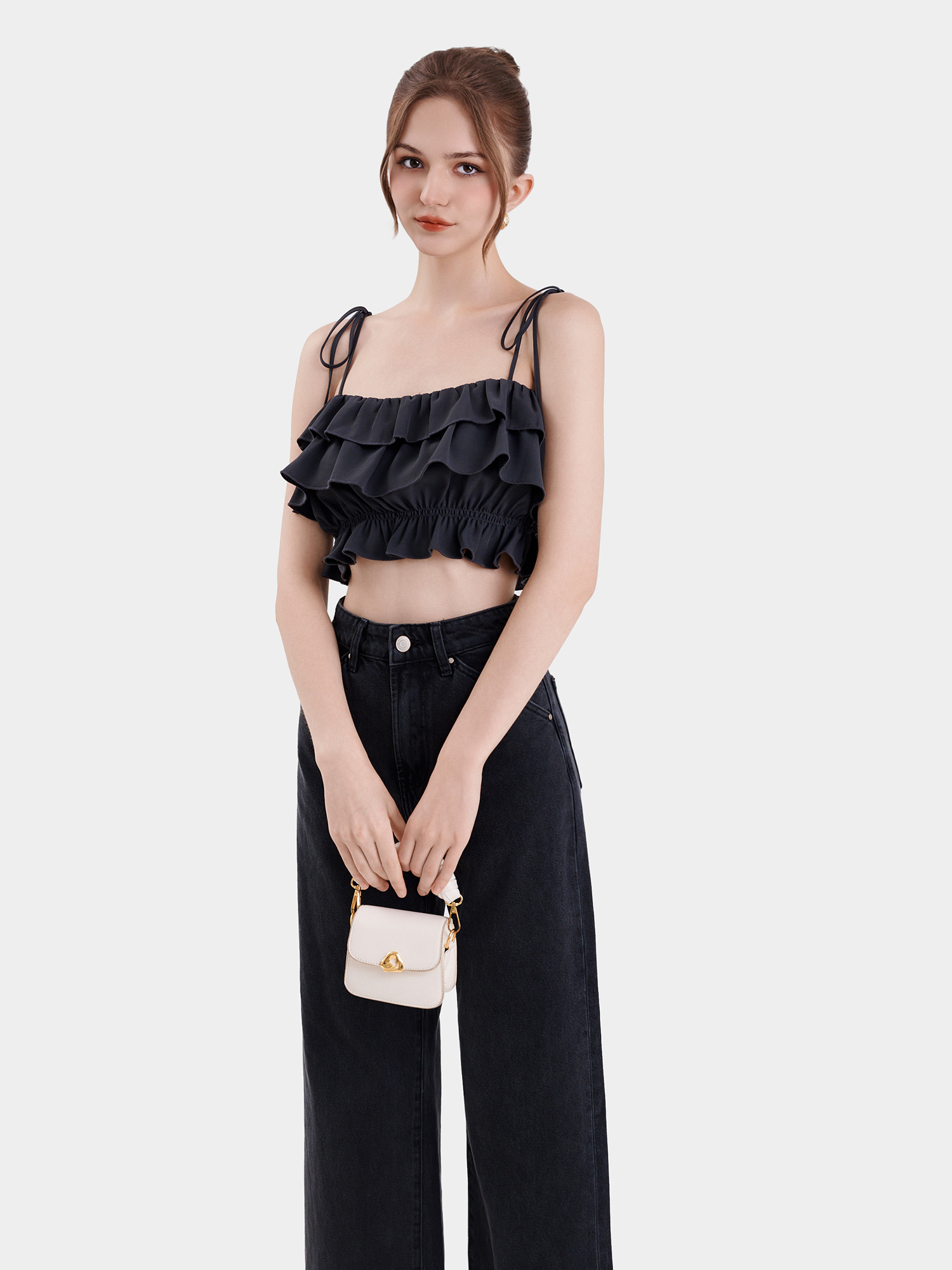 Áo 2 dây croptop phối bèo nhún thun eo
