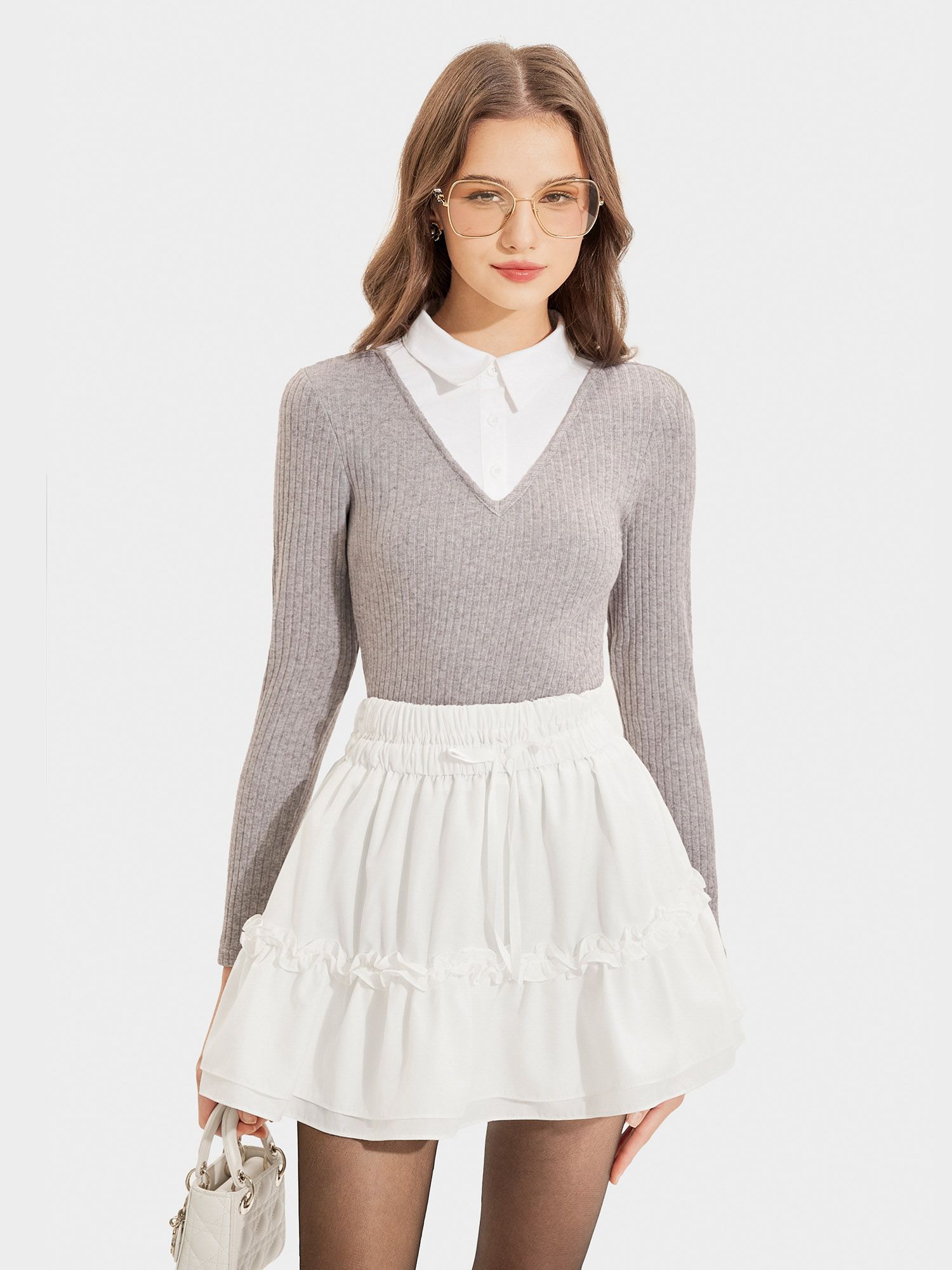  Áo thun dệt kim tay dài form ôm cổ sơ mi 