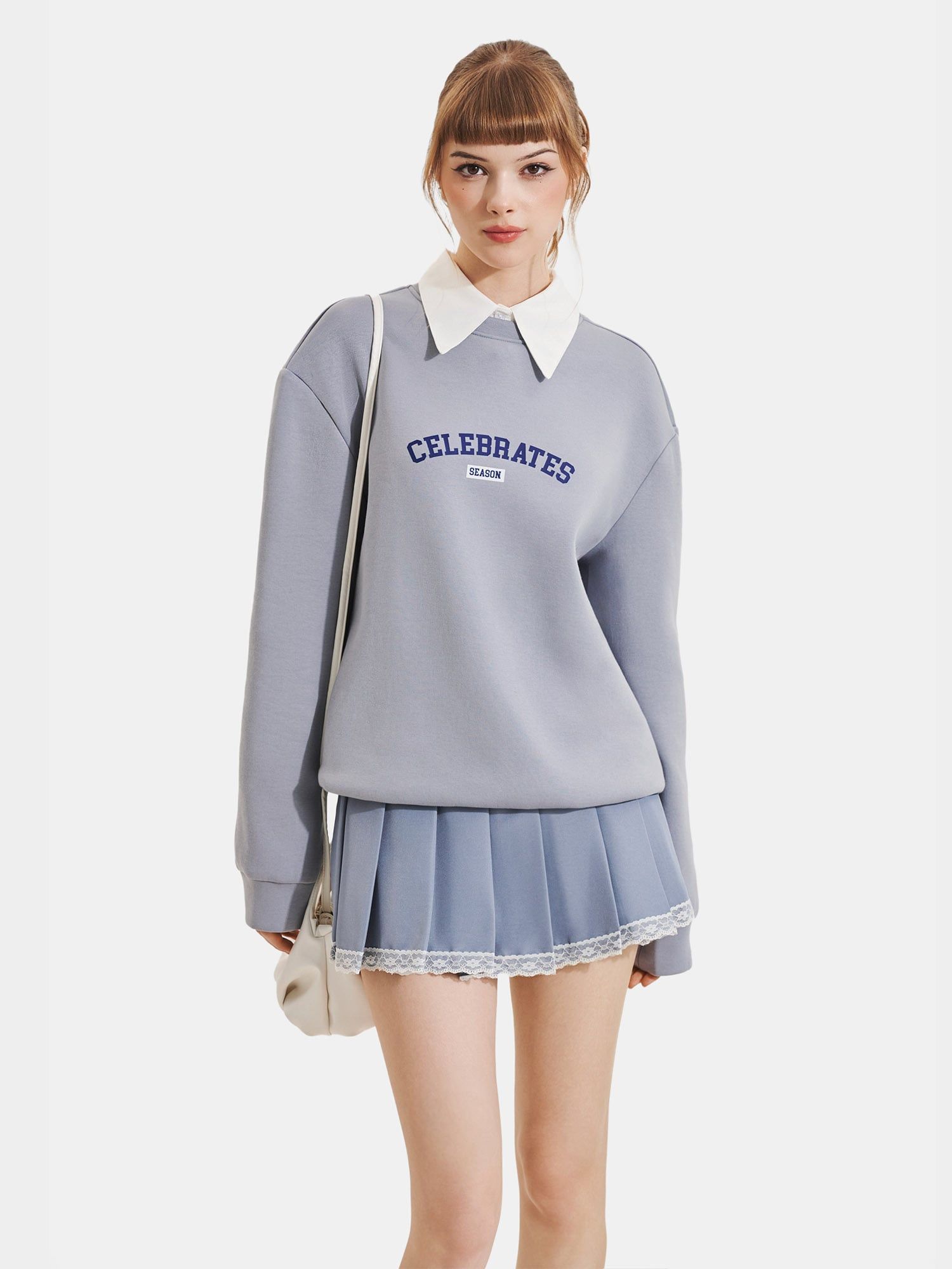  Áo sweater phối cổ sơ mi in chữ 