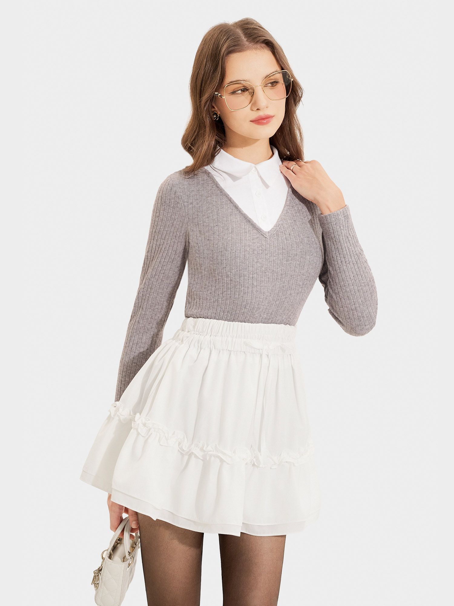  Áo thun dệt kim tay dài form ôm cổ sơ mi 