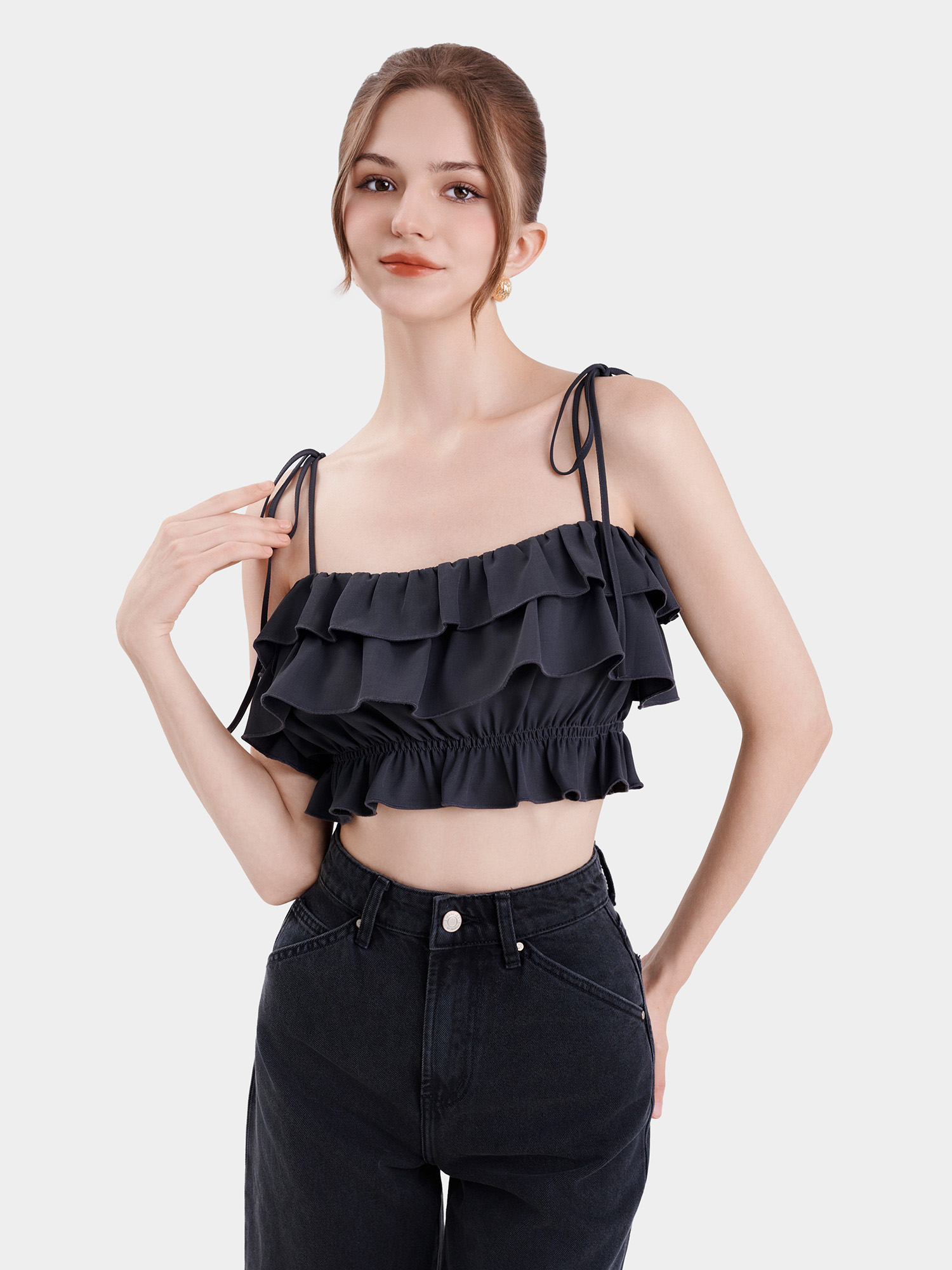 Áo 2 dây croptop phối bèo nhún thun eo