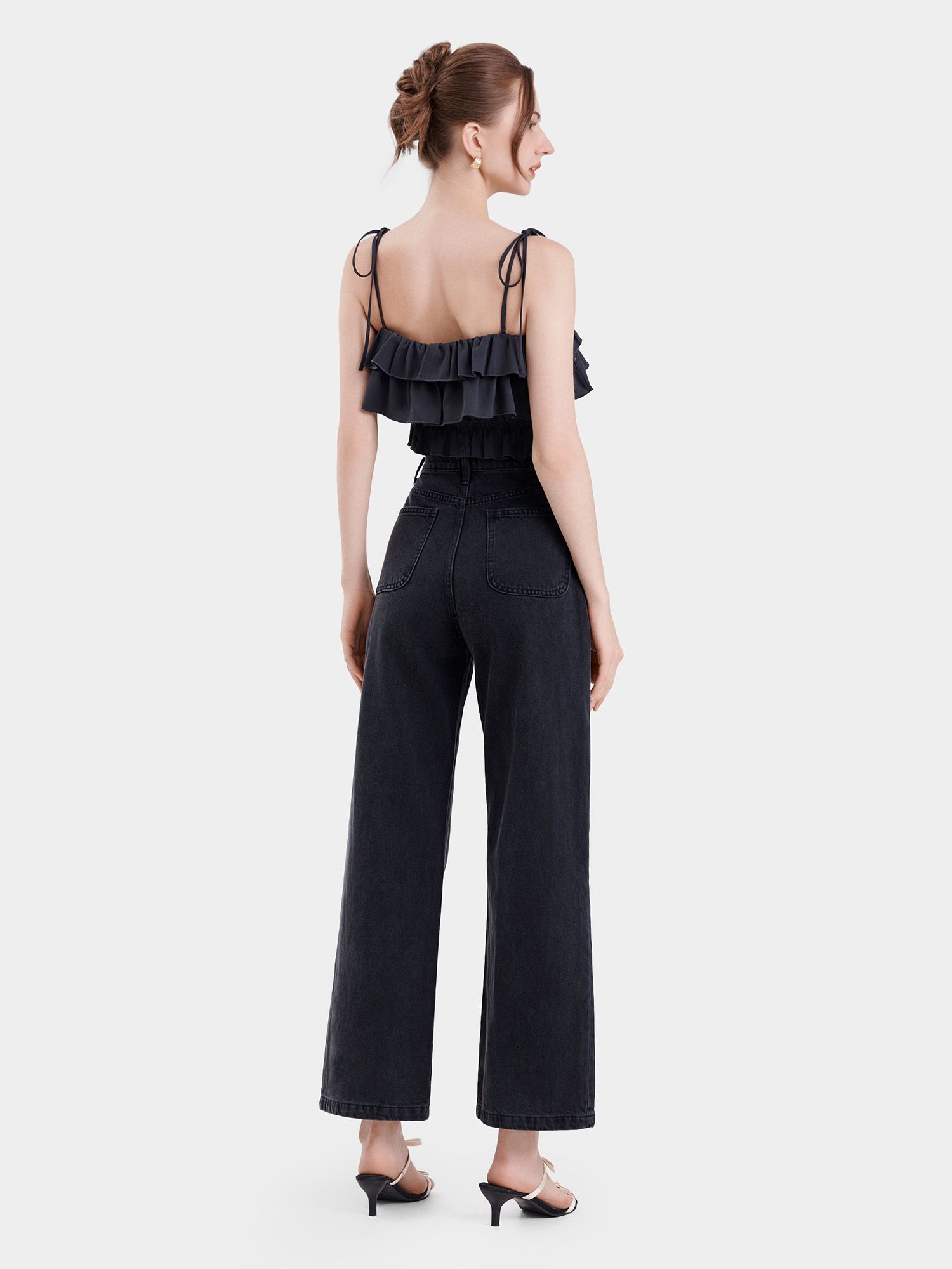  Áo 2 dây croptop phối bèo nhún thun eo 