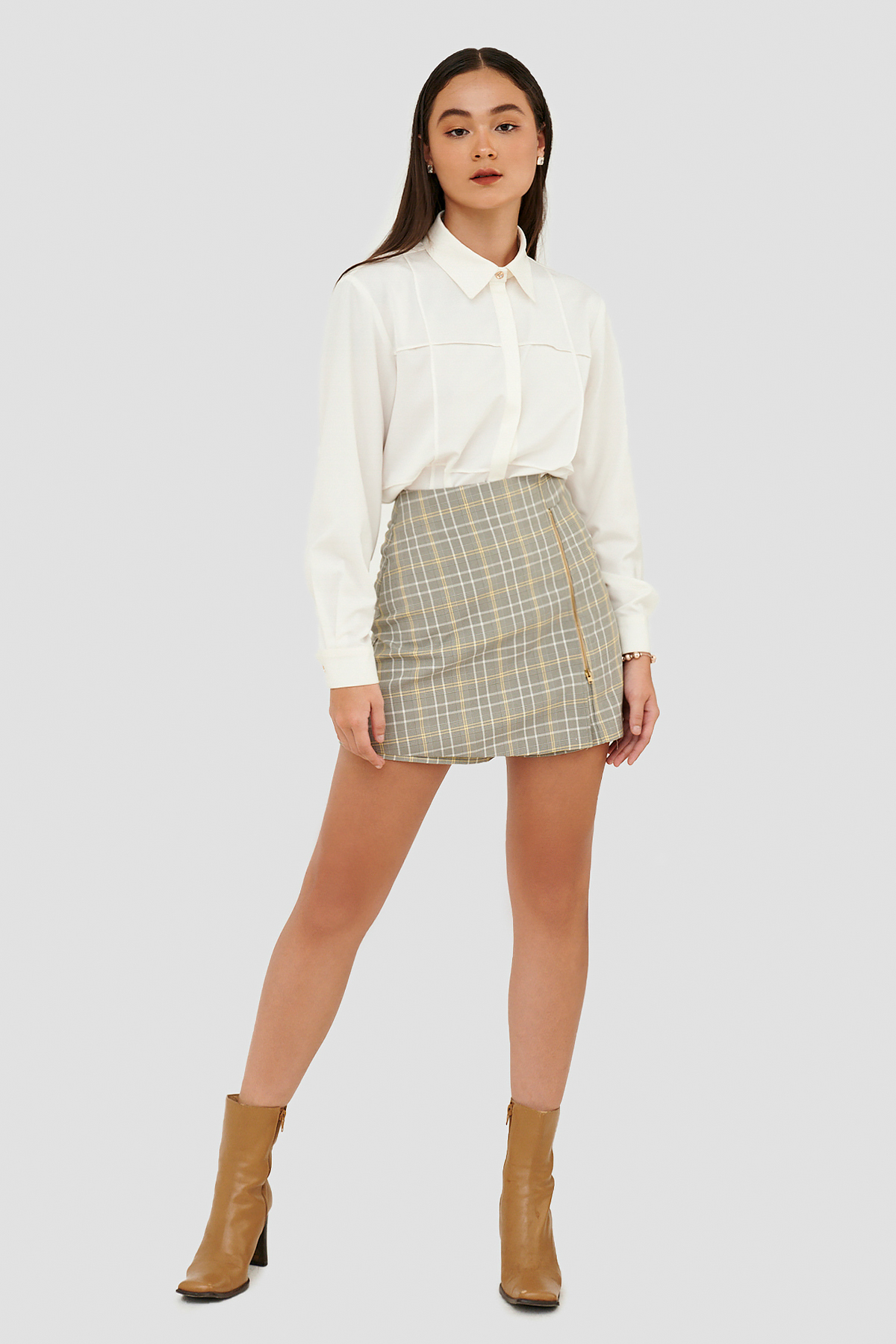 Váy skort caro nhấn dây kéo