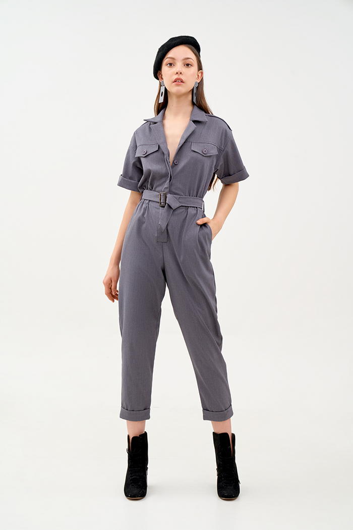 Jumpsuit utility dài lai lật nẹp nút