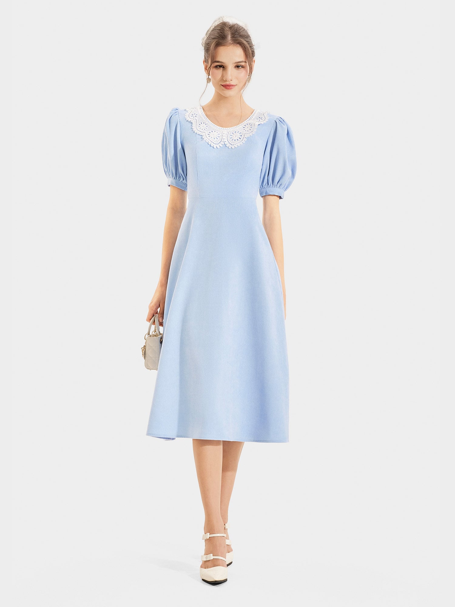 Đầm nhung midi tay phồng cổ tròn phối ren