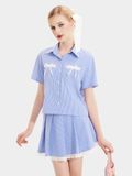  Váy mini sọc xếp li phối ren 