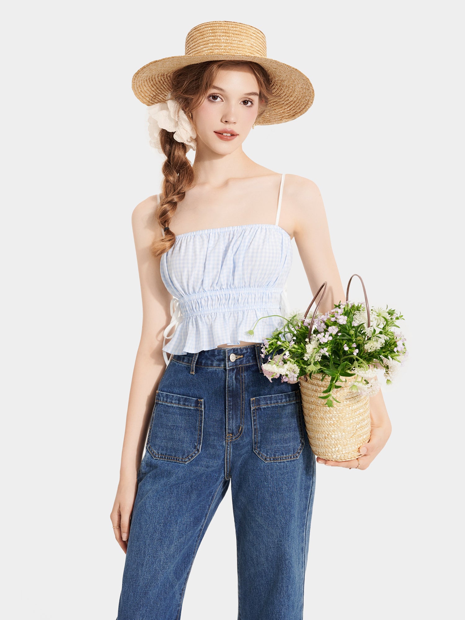 Áo 2 dây caro nhún thun thắt nơ hông