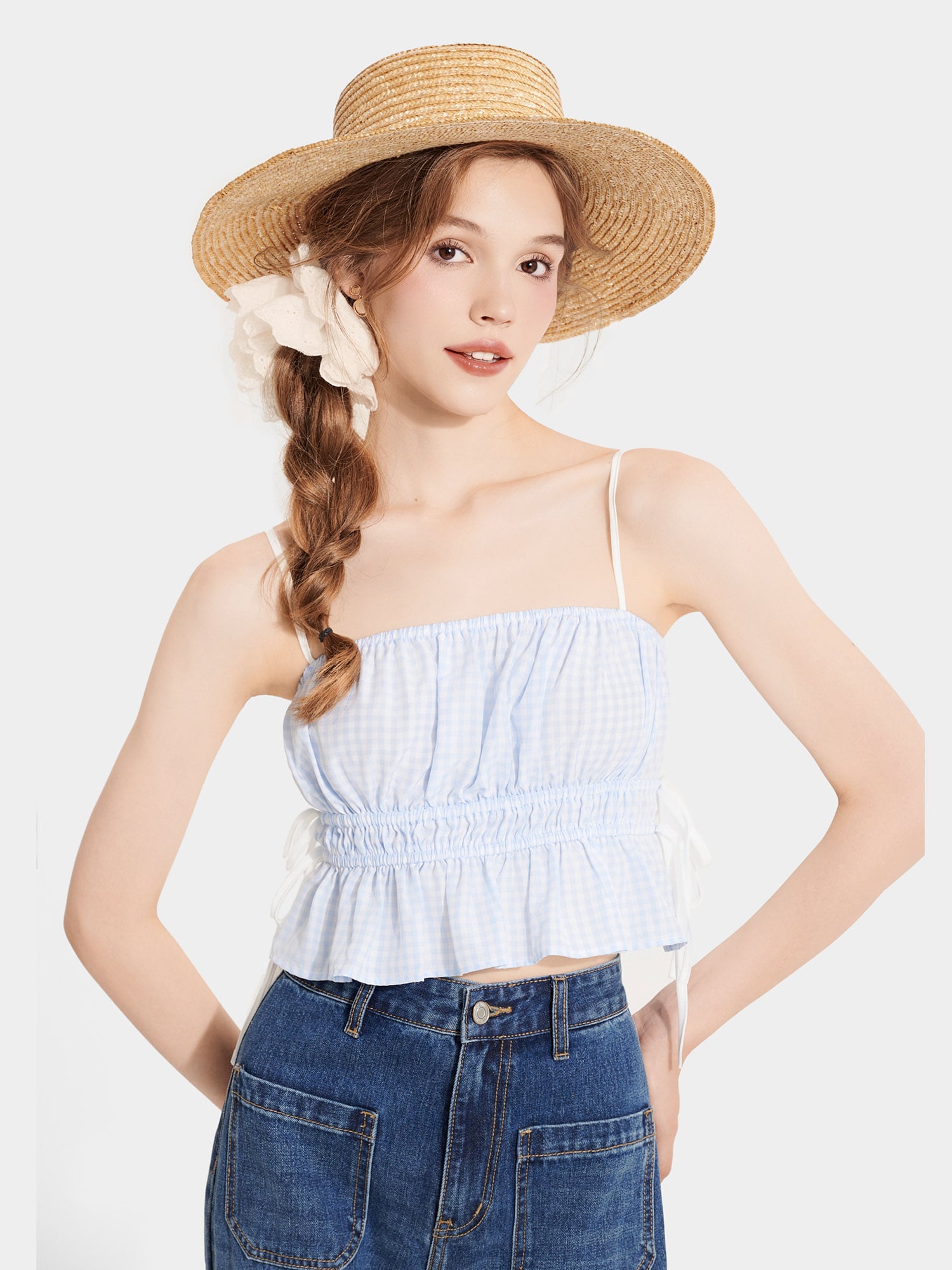 Áo 2 dây caro nhún thun thắt nơ hông