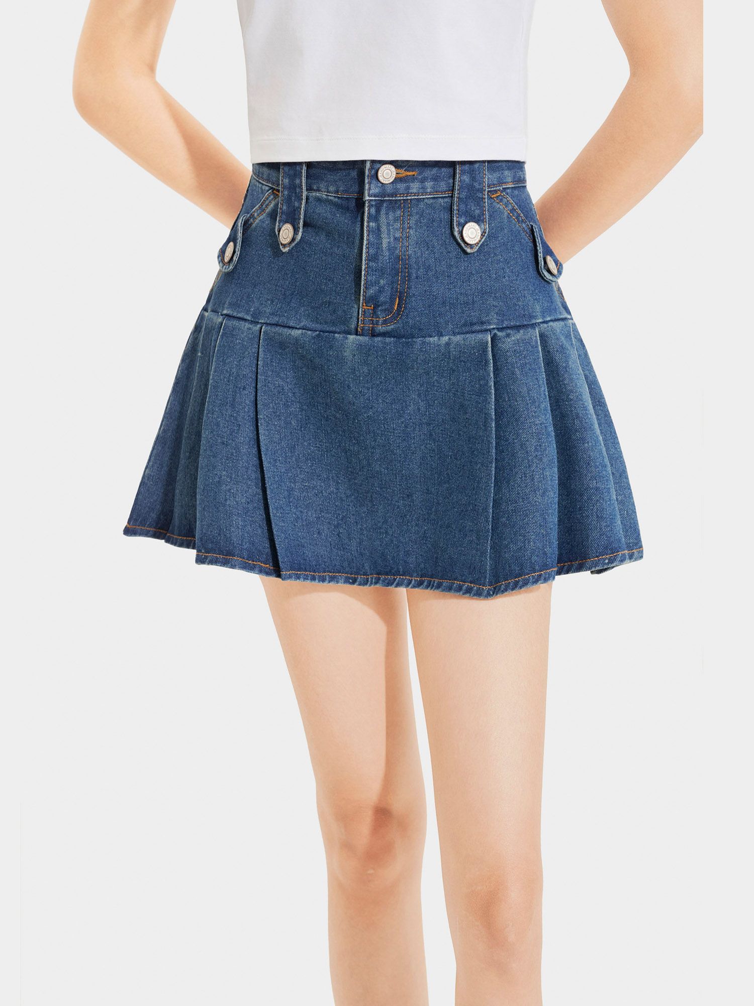  Váy jean mini xếp li diễu chỉ nổi 