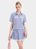  Váy mini sọc xếp li phối ren 