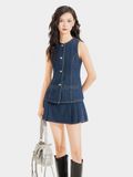  Váy jean mini xếp li diễu chỉ nổi 