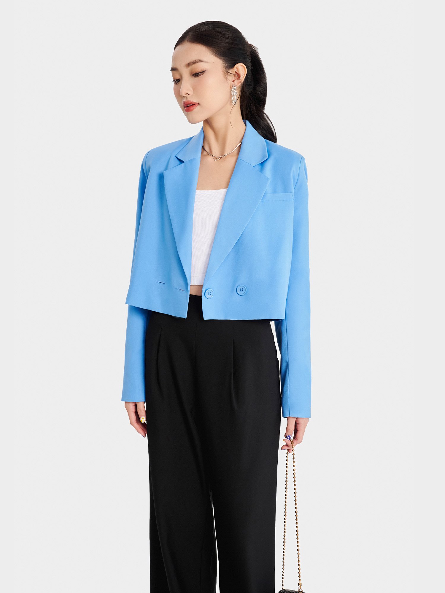 Áo cropped blazer tay dài cài nút