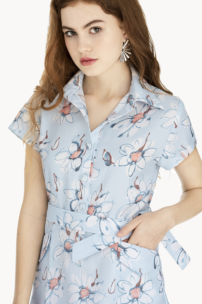 Đầm đắp 2 túi hoa vẽ tay