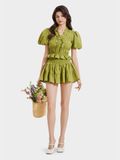  Áo linen tay phồng smocking cổ tim phối bèo đính nơ 