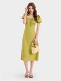  Đầm midi linen cổ vuông tay phồng smocking lưng 