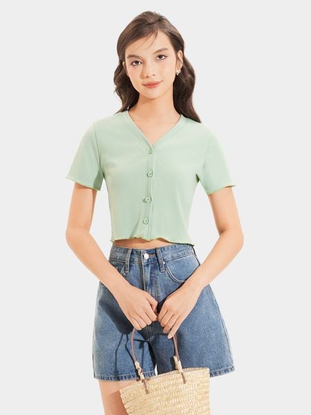  Áo thun crop tay ngắn cổ V cài nút 