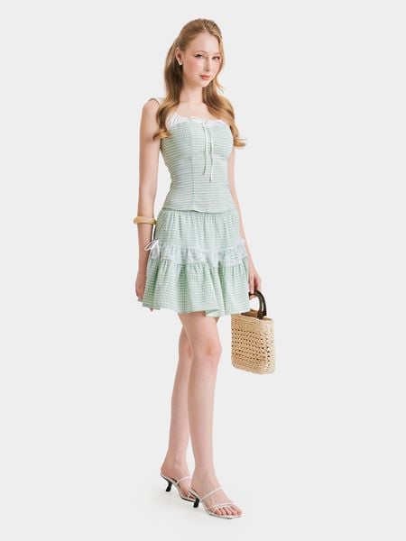 Váy mini caro lưng thun phối ren đính nơ 