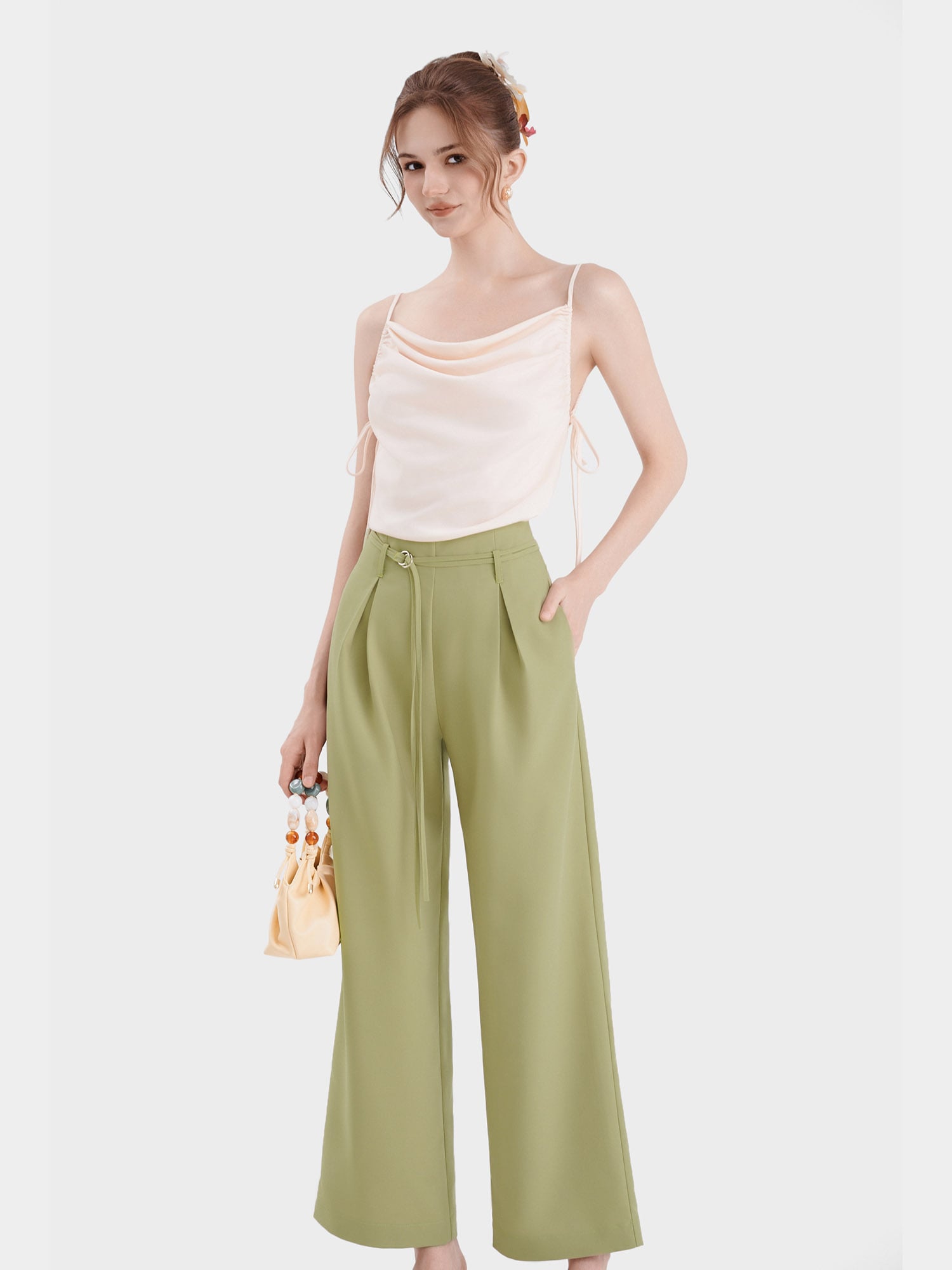 Quần dài ống suông xếp li trước 2 túi phối dây thắt lưng