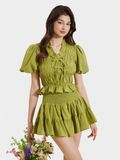  Áo linen tay phồng smocking cổ tim phối bèo đính nơ 