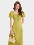  Đầm midi linen cổ vuông tay phồng smocking lưng 