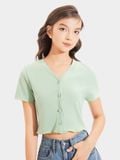  Áo thun crop tay ngắn cổ V cài nút 