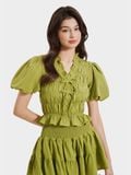  Áo linen tay phồng smocking cổ tim phối bèo đính nơ 