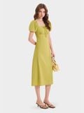  Đầm midi linen cổ vuông tay phồng smocking lưng 