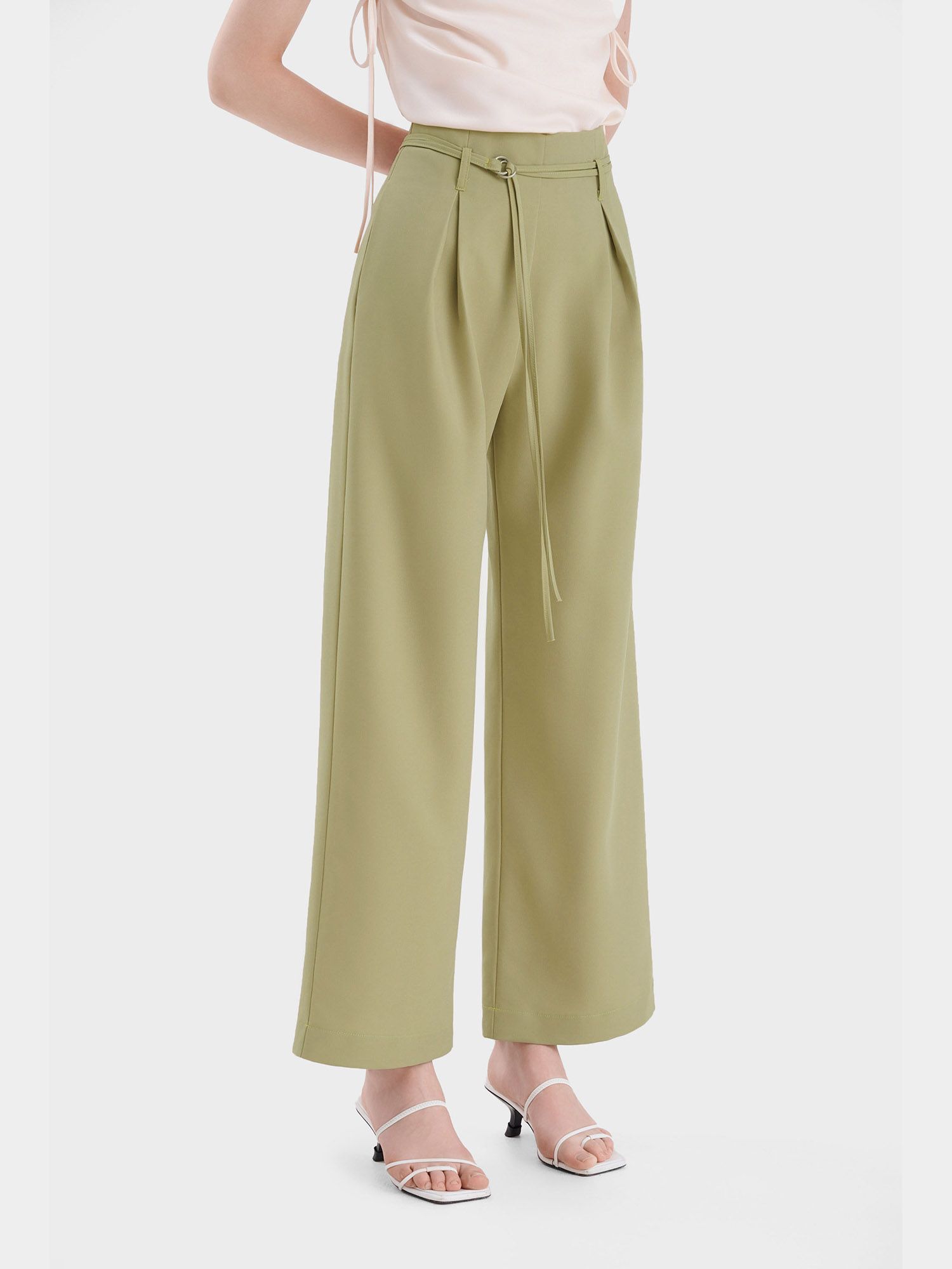  Quần dài ống suông xếp li trước 2 túi phối dây thắt lưng 