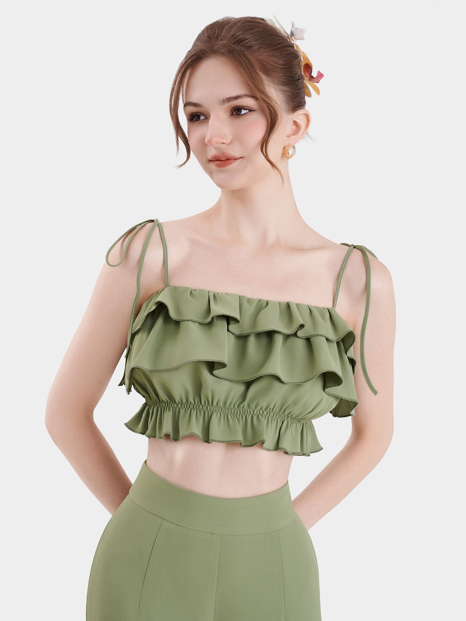  Áo 2 dây croptop phối bèo nhún thun eo 