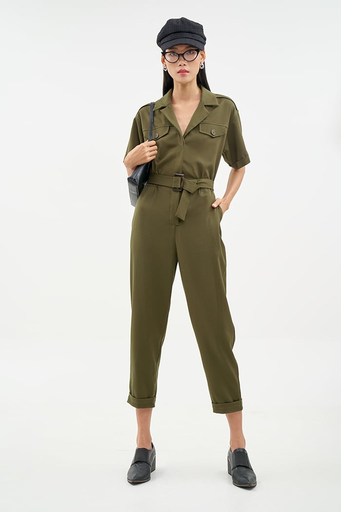 Jumpsuit utility dài lai lật nẹp nút