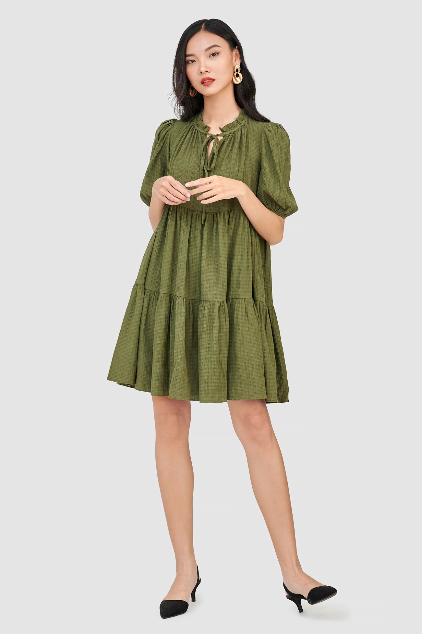 Đầm form babydoll 3 tầng tay phồng