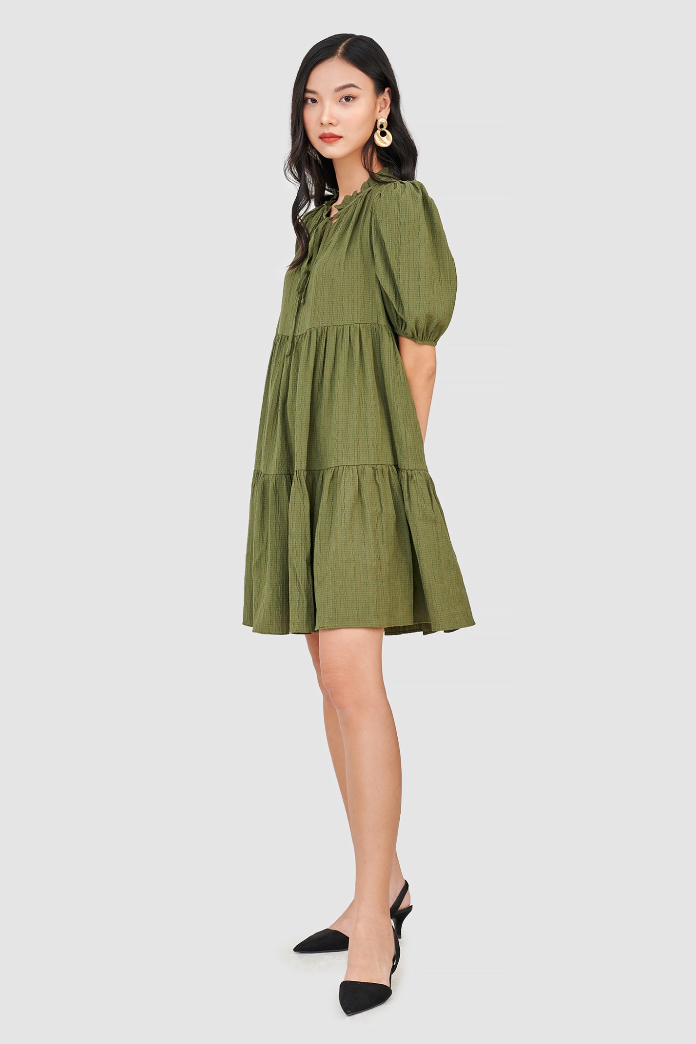 Đầm form babydoll 3 tầng tay phồng