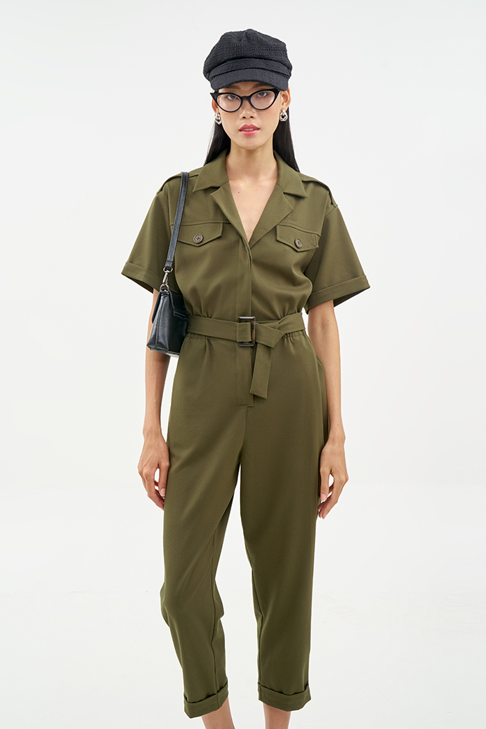 Jumpsuit utility dài lai lật nẹp nút